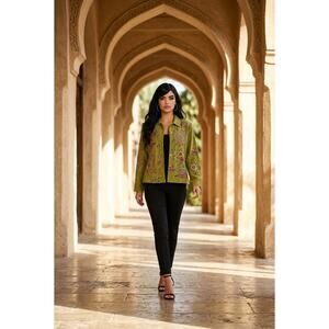 Indigo Moon Jacket XL Embroidered Floral Cotton Boho Open Front Green Artistic